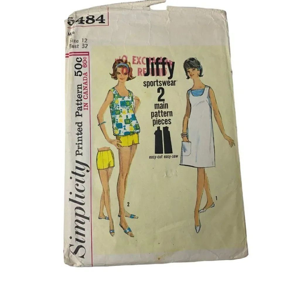 Vintage 60s Simplicity 5484 Pattern Misses 10-18 Jiffy Dress Top Shorts Cut